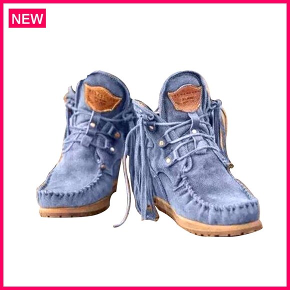 Shoes - Vintage Fringed Ankle Booties Lightweight Suede Mocc Up Casual